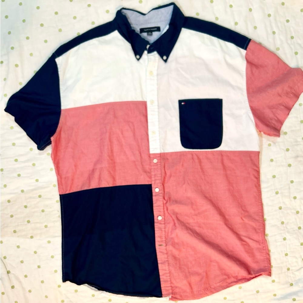 Tommy Hilfiger Red and White Color Block Casual Button Down Shirt